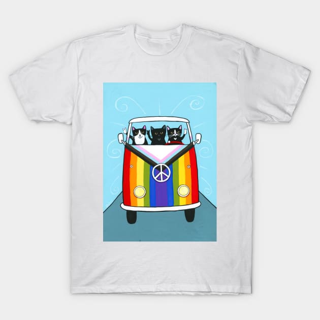 Happy Rainbow Road Trip Cats T-Shirt by KilkennyCat Art